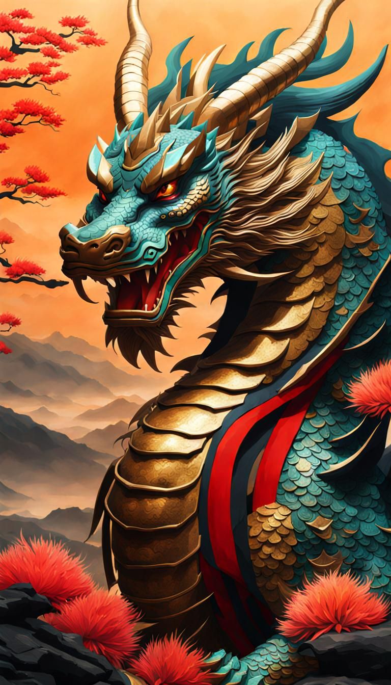 Asian Bronze Dragon in Fantasy Landscape