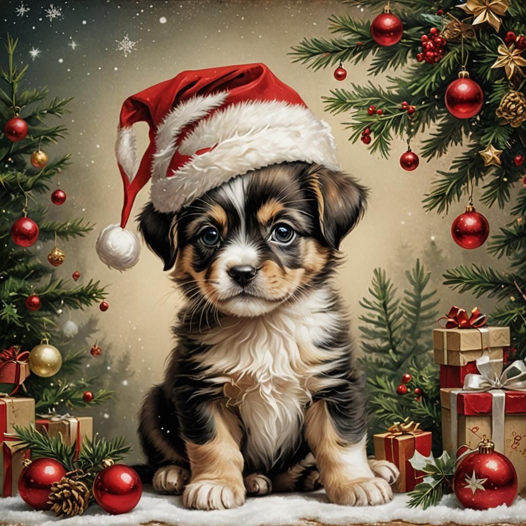 Puppy and Kitten Christmas Card in Whimsical Style