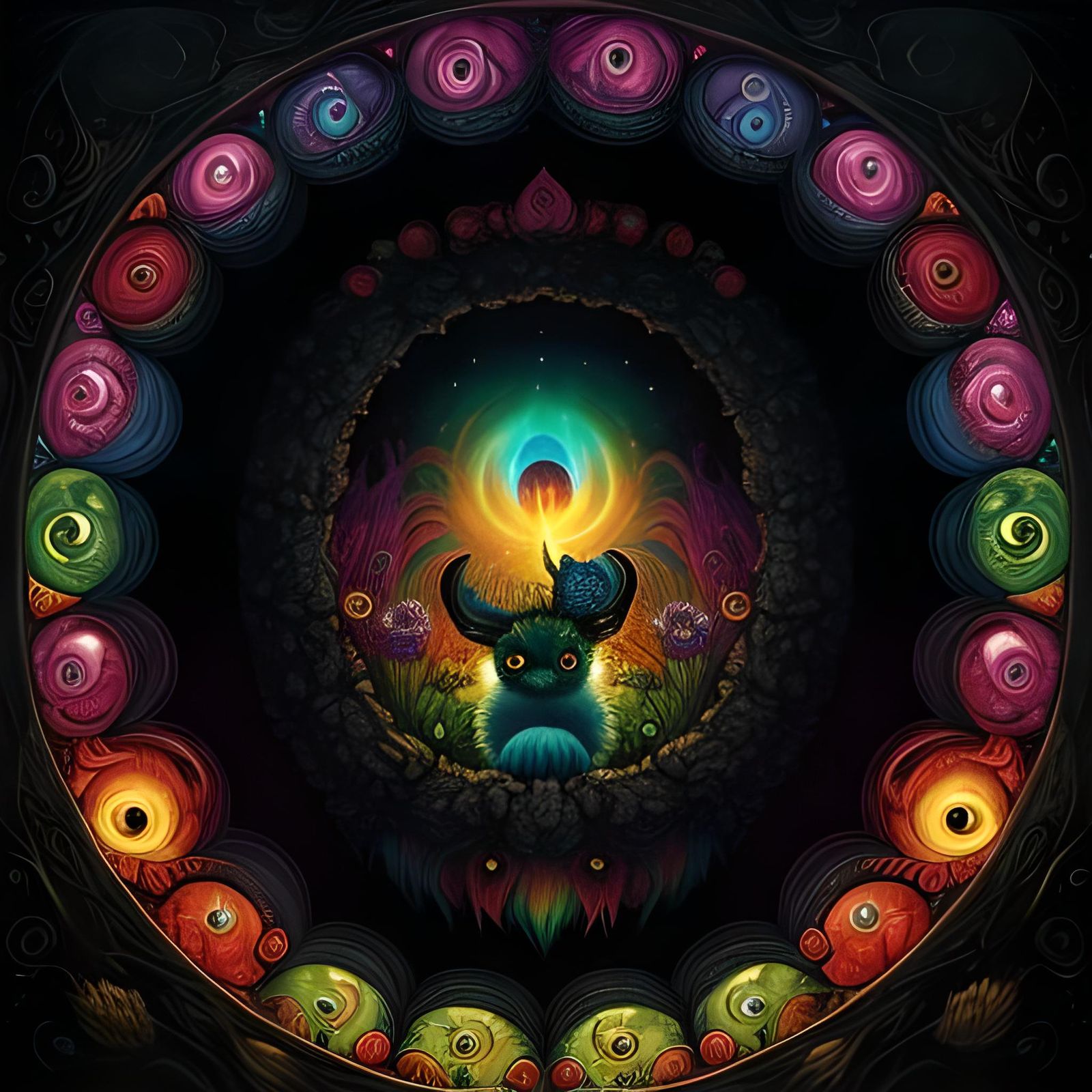 Cute Horned Monster in Surreal Rainbow Portal