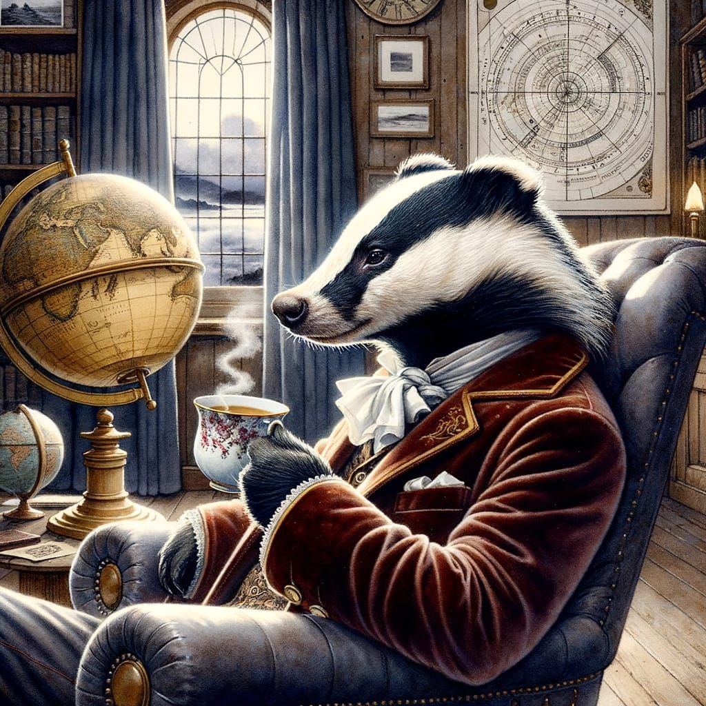 Badger Sipping Tea in Cozy Study, as Watercolor