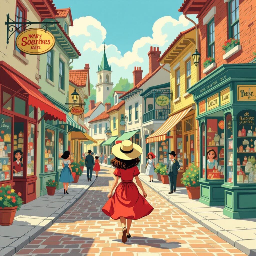 Charming Town Scene in Vintage Animation Style