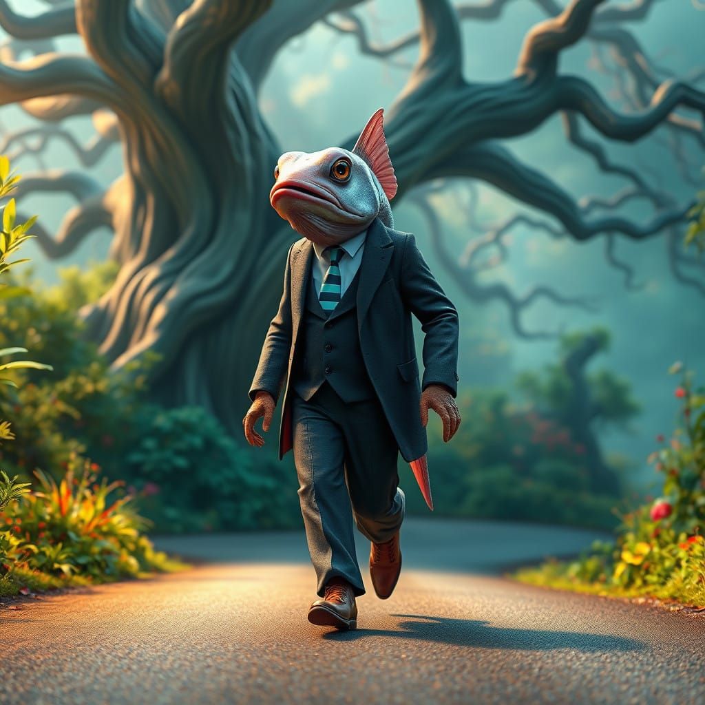 Mystical Fantasy Landscape with Dignified Fish in Formal Att...
