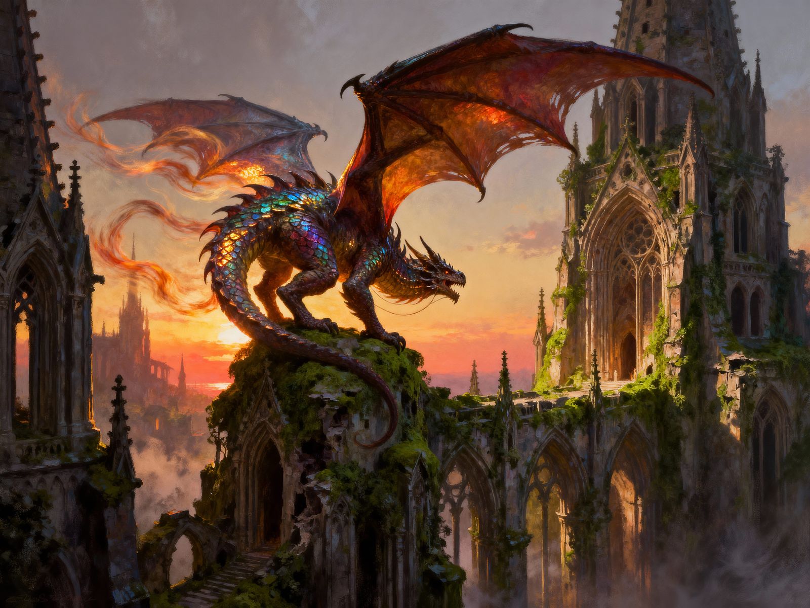 Dragon on Gothic Cathedral at Sunset Oil Painting