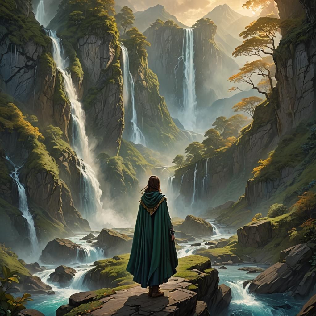 Girl Views Waterfall Mountain in Matte Painting