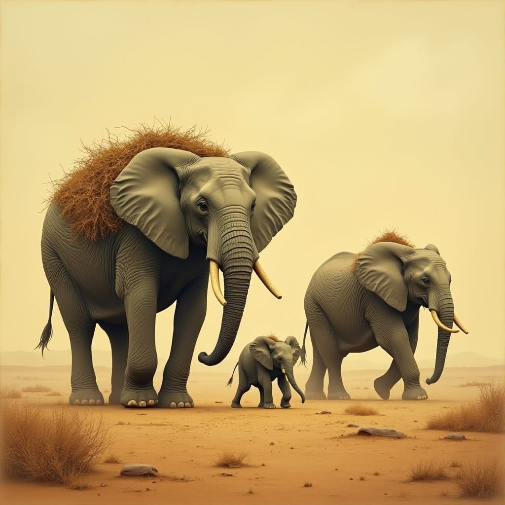 Elephants in Earthy Tones, Walking Trunk-to-Tail Across a Du...