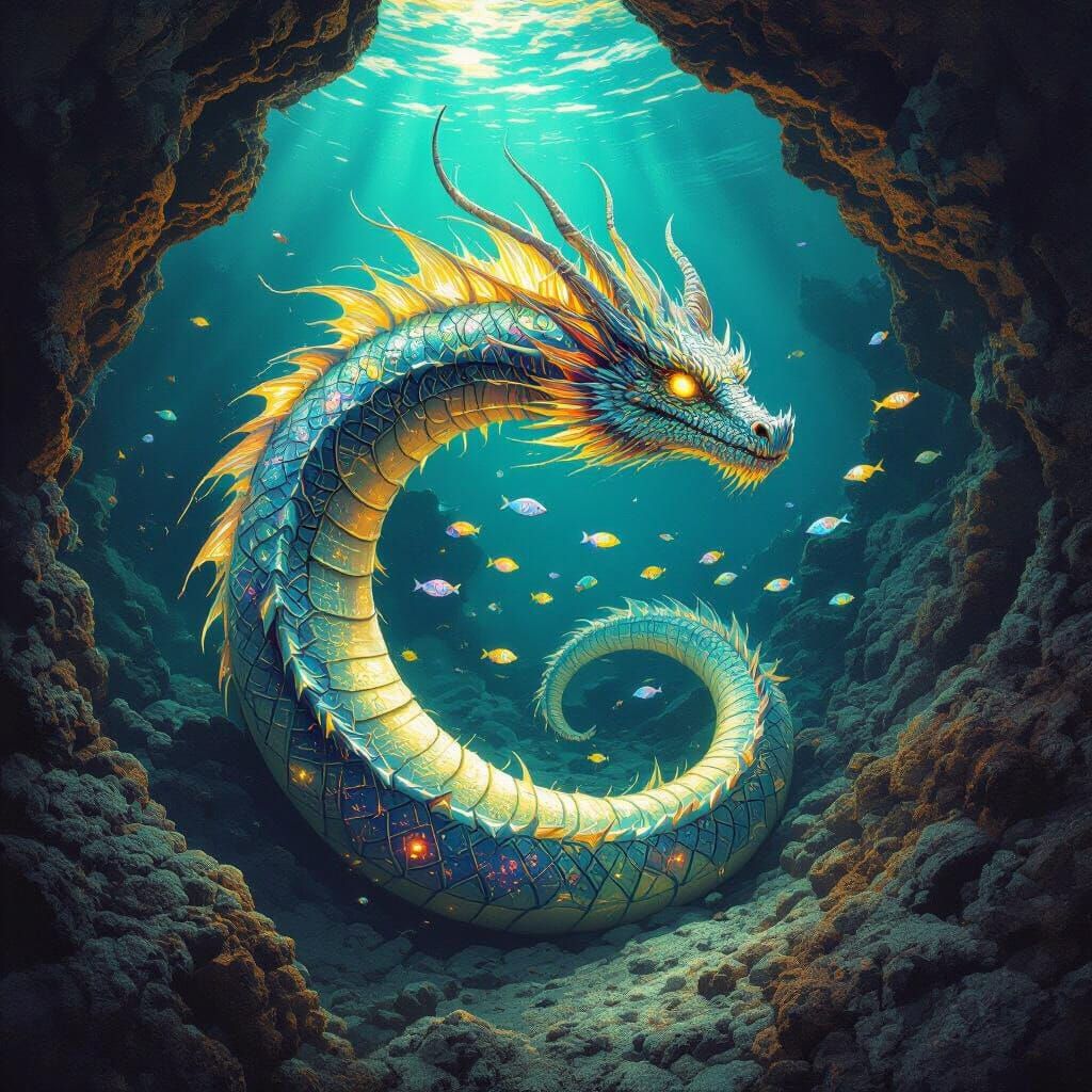 Bioluminescent Deep Sea Dragon Coiled Around Hydrothermal Ve...