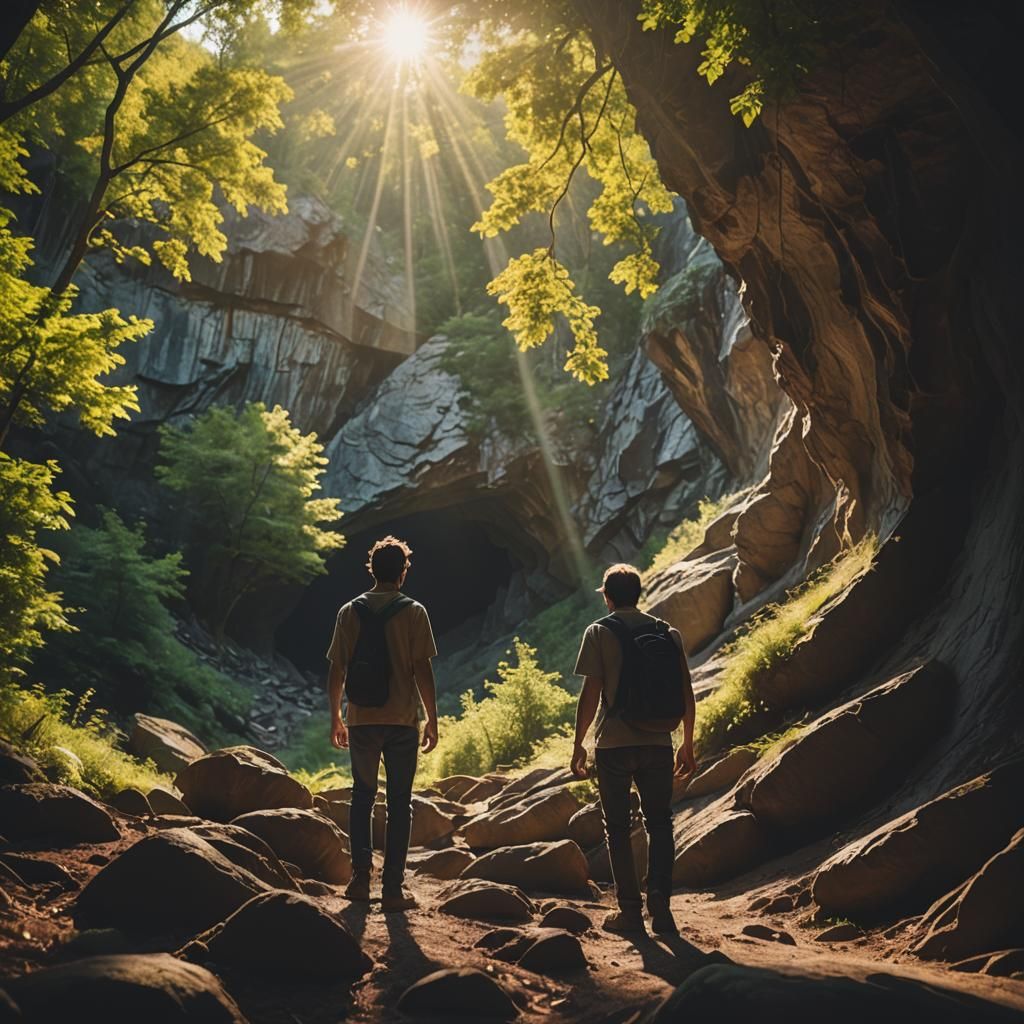 Photorealistic Cave Landscape with Man in Forest