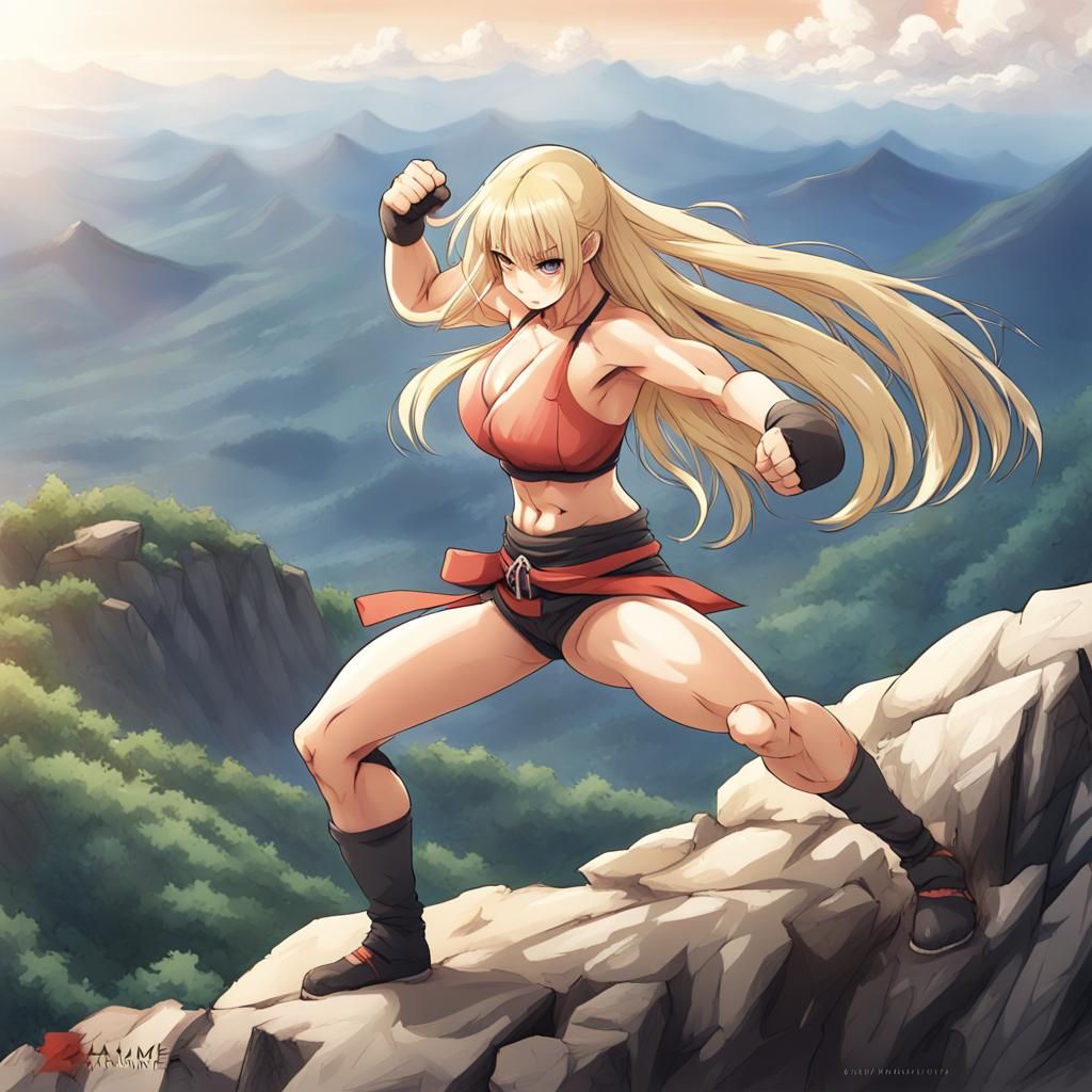 Anime-Style Blonde Fighter Training on Mountain