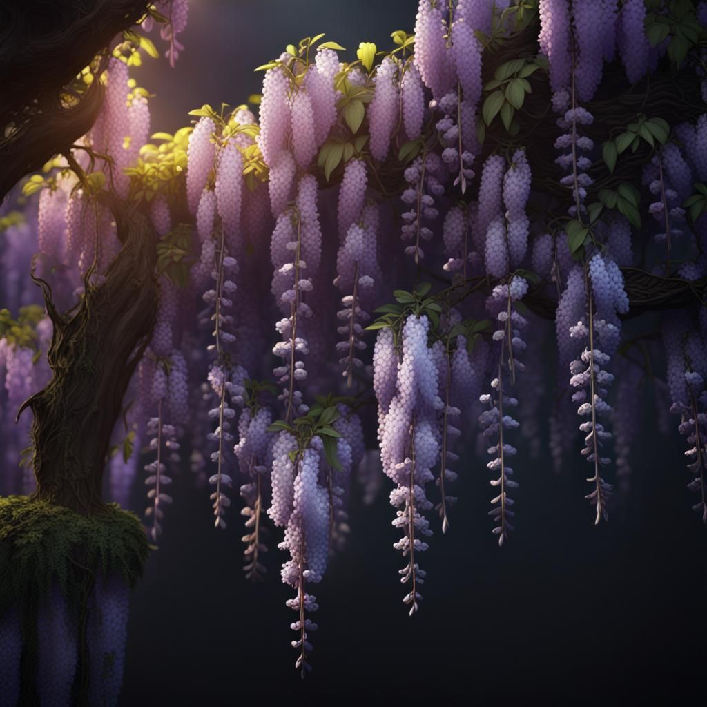 Glowing Wisteria Against Black Background
