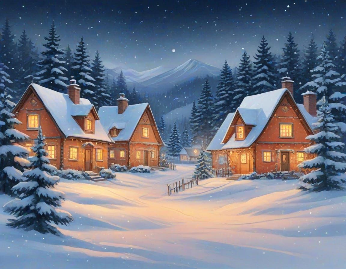 Festive Christmas Village Watercolor Illustration