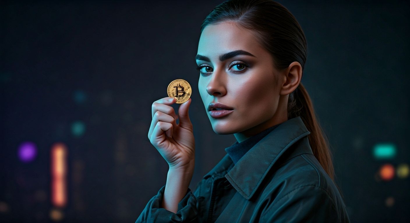 Cyberpunk Fashion Model with Bitcoin in Future Cityscape