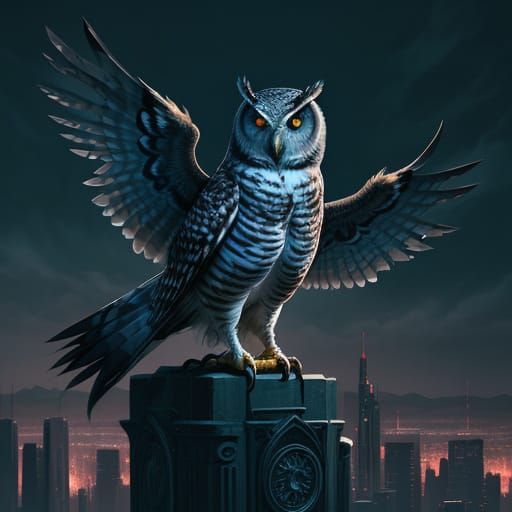 Futuristic City at Dusk: Owl on Gargoyle in Comic Art Style