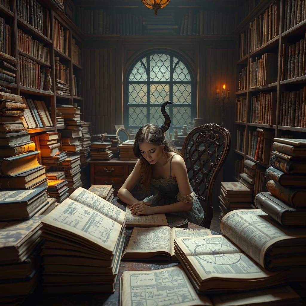 Elegant Woman Surrounded by Quantum Knowledge in a Serene, M...