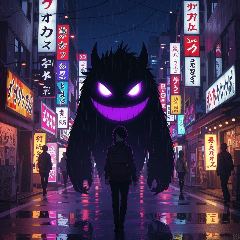 Anime Character with Glowing Purple Eyes Walks Through Tokyo