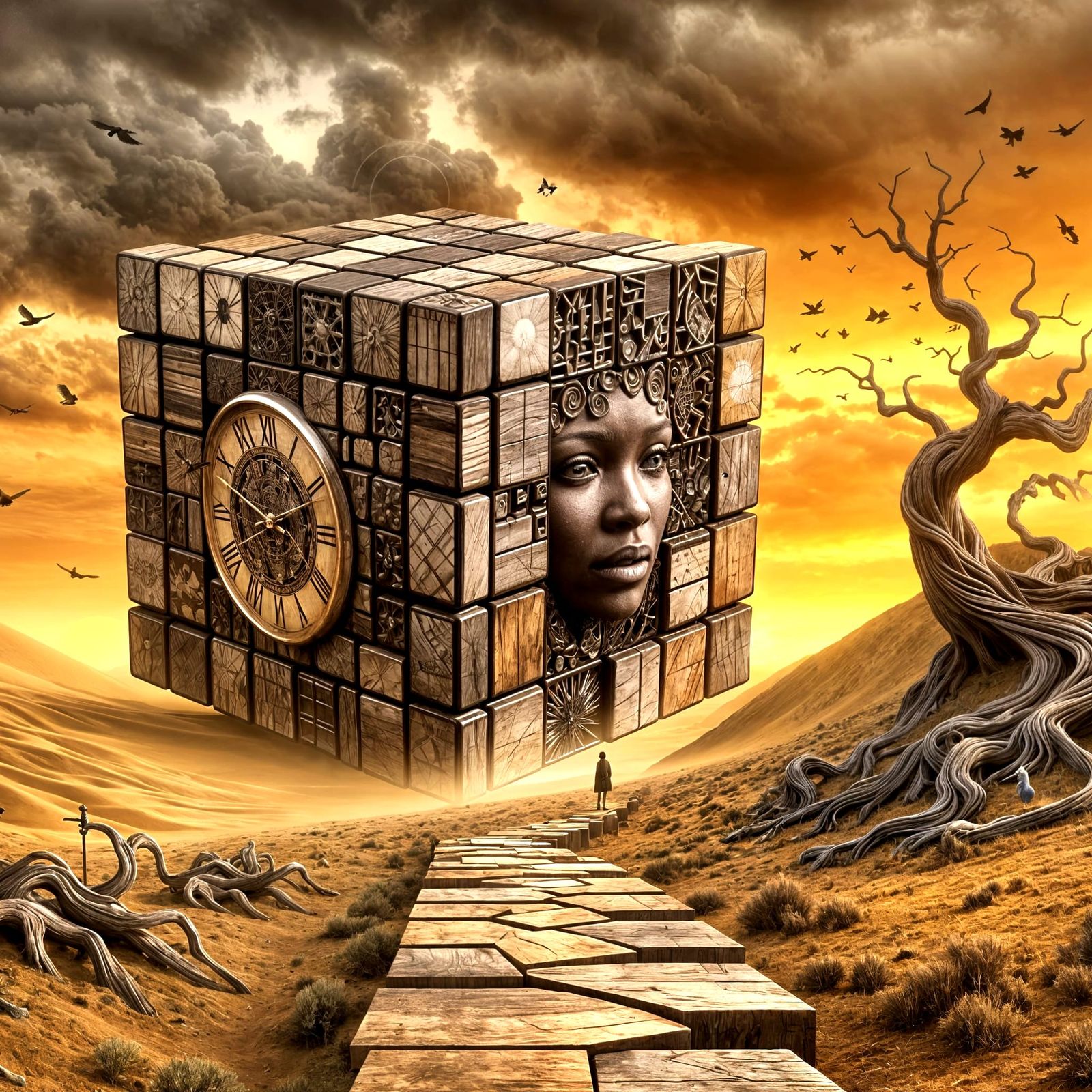 Surreal Wooden Rubik's Cube with Golden Sky