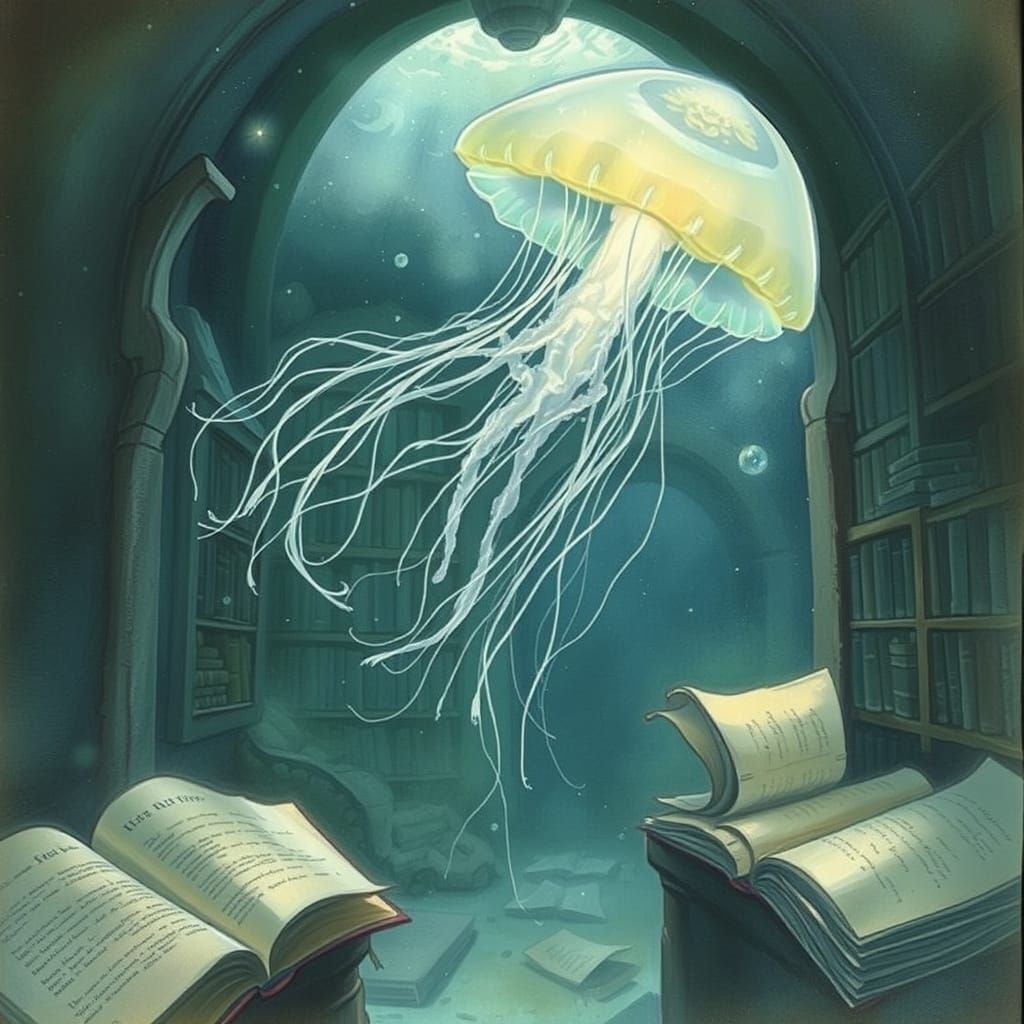 Bioluminescent Jellyfish in Sunken Library