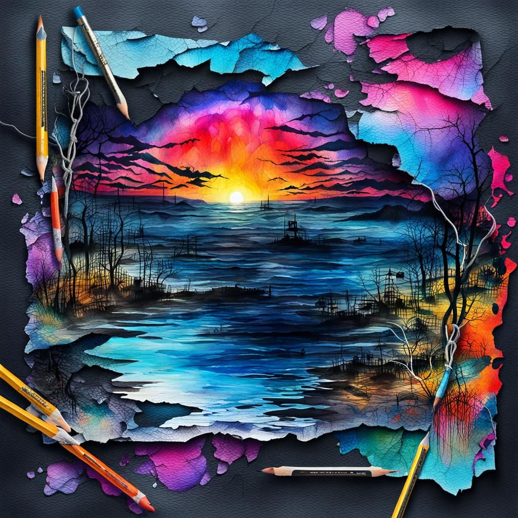 Submerged Dawn: Mixed Media Collage in Vibrant Colors