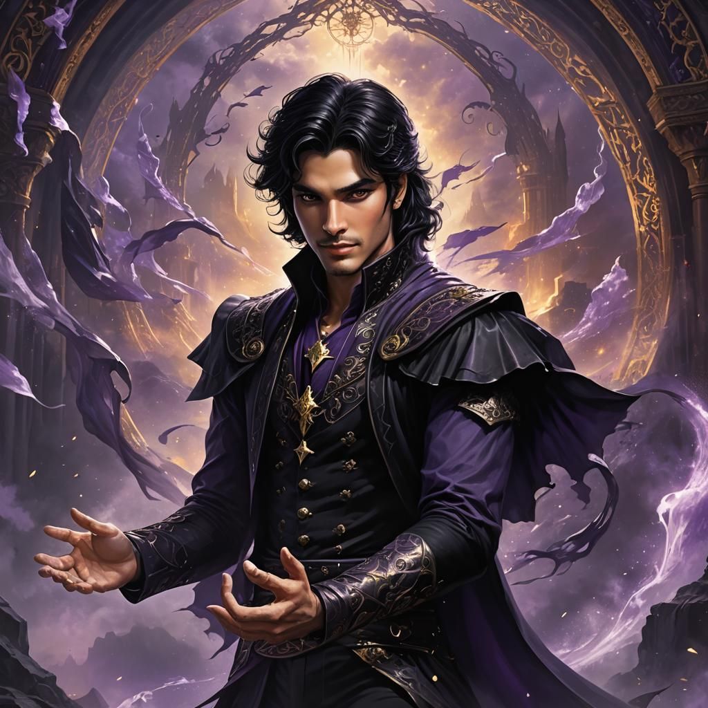 Fantasy Prince Commanding Shadows in Violet Mists