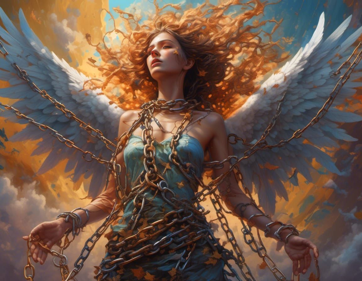 Chained Angel with Halo in Hyperreal Style