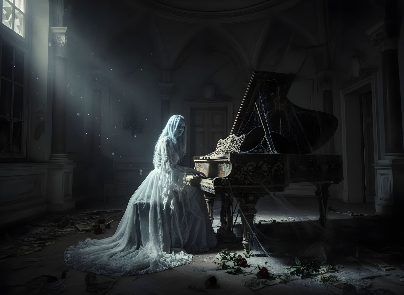 Ghostly Ballerina Plays Piano in Forgotten Ballroom