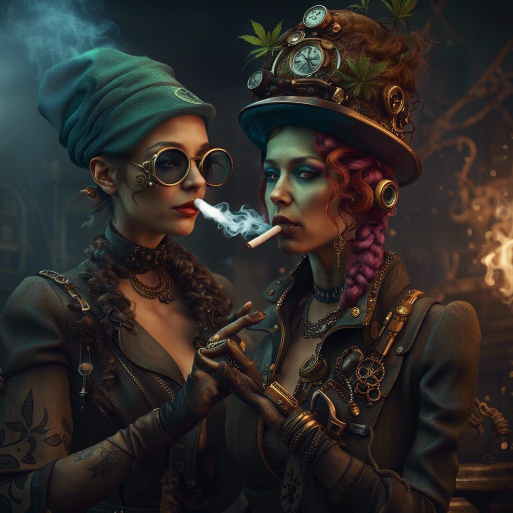 Steampunk Anarchist Women Smoking Weed: Detailed Digital Art