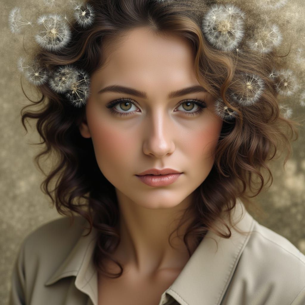 Photorealistic Portrait: Woman with Dandelion Hair