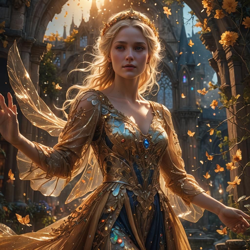 Blonde Fairy Woman in Medieval Sunset, Fantasy Art