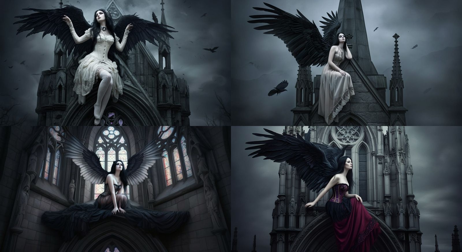 Gothic Goddess with Raven Wings perched atop a Gothic Chapel