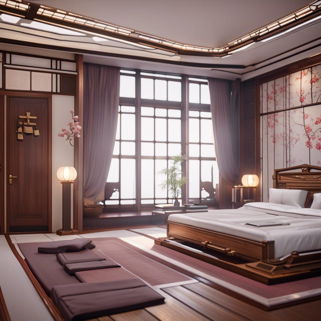 Opulent Japanese-European Bedroom with 3D Game Graphics