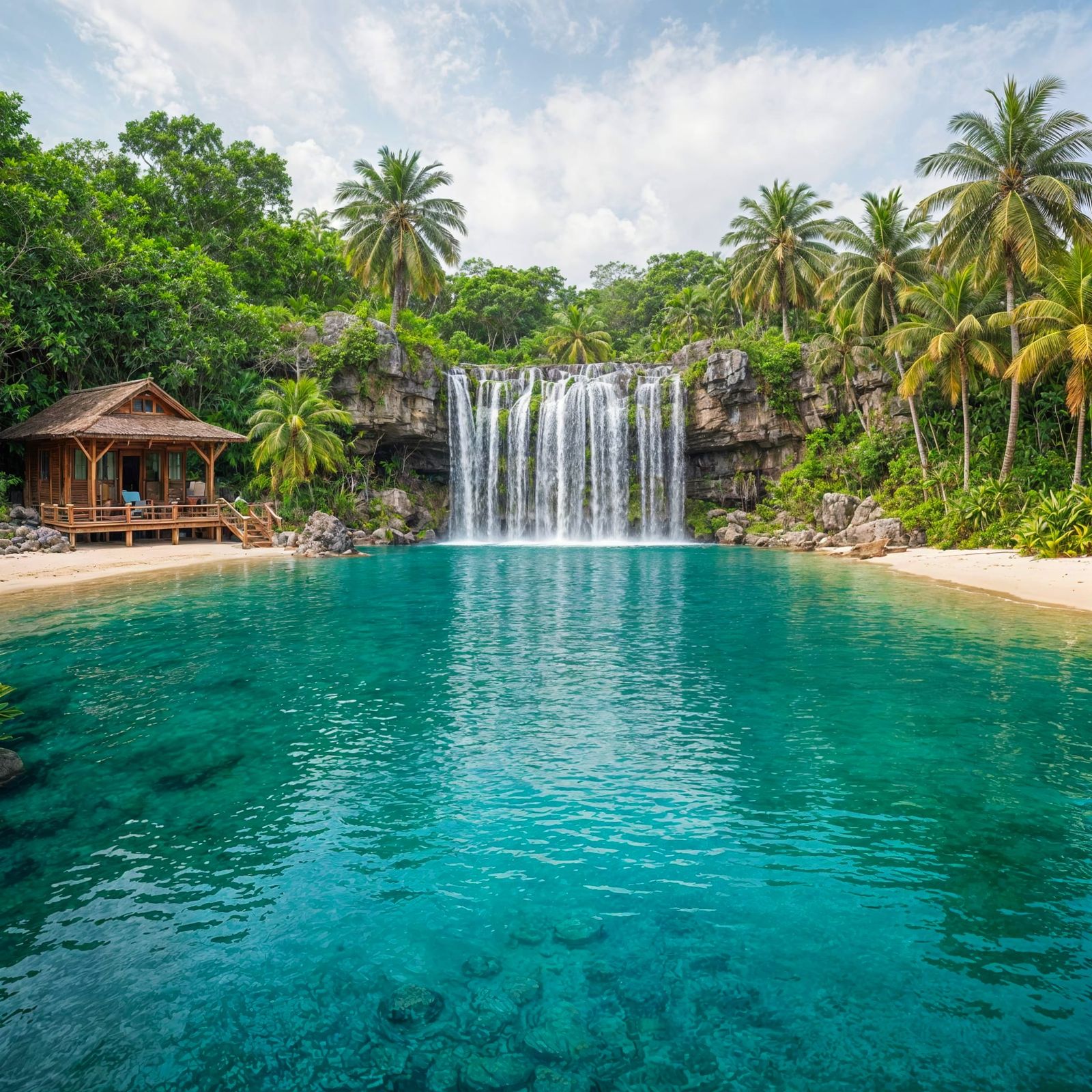 Realistic Tropical Lagoon at Waterfall Base