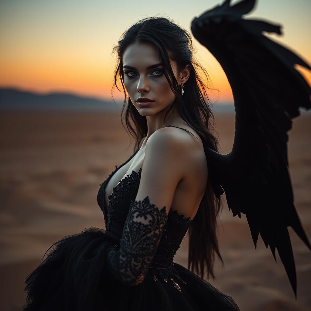 Lilith in Twilight: A Hyperrealistic Desert Portrait