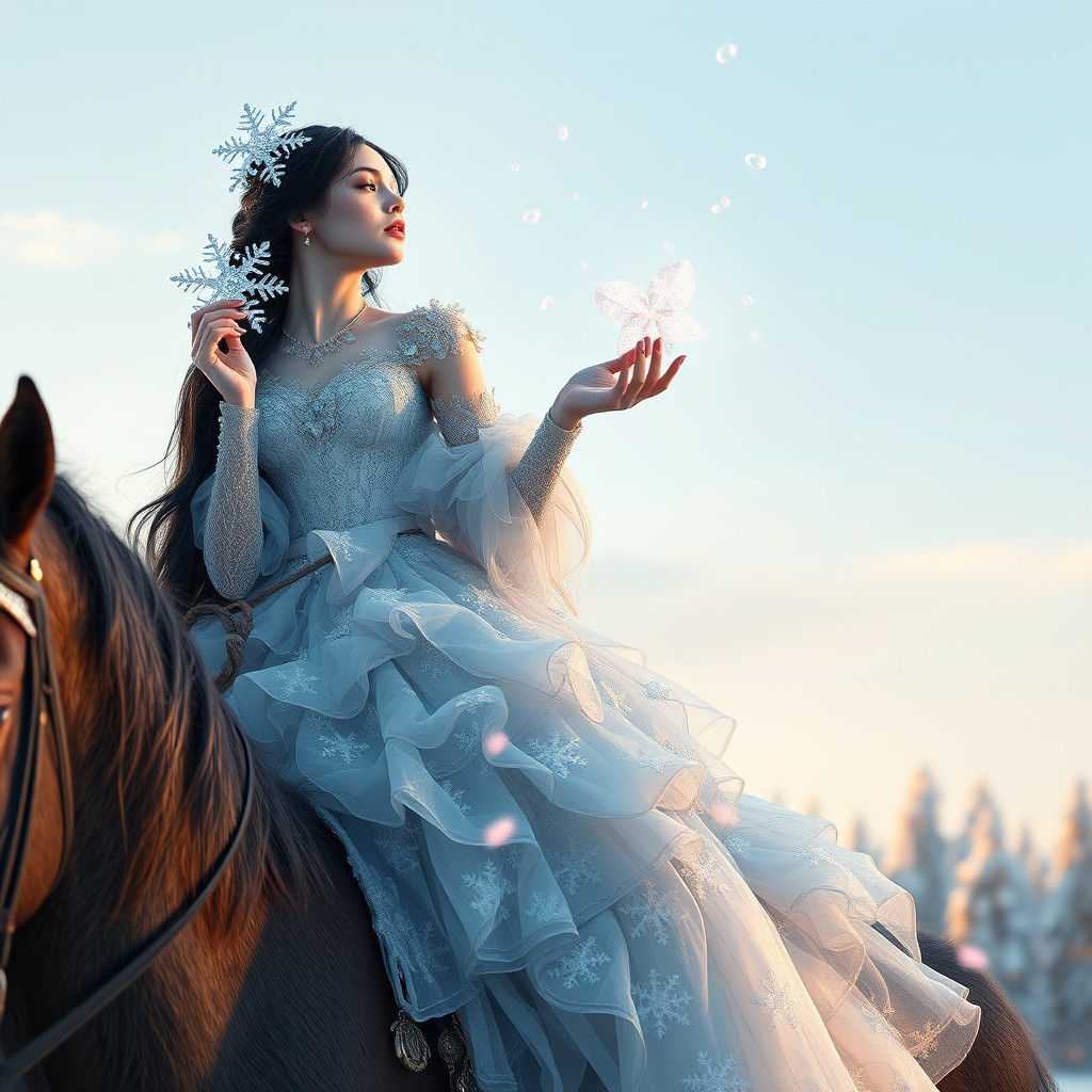 Snowflake Queen on Horse in Winter Wonderland