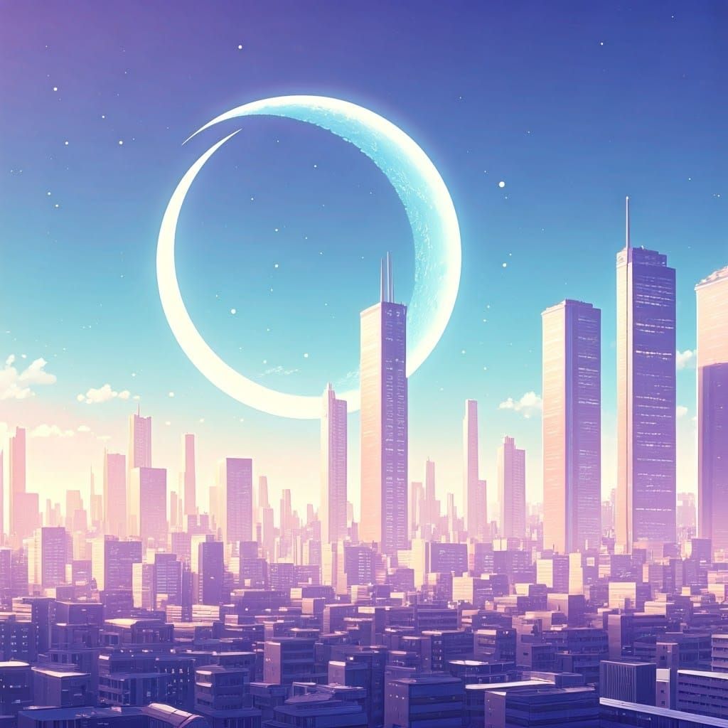 Dreamy Futuristic Cityscape Under Crescent Moon