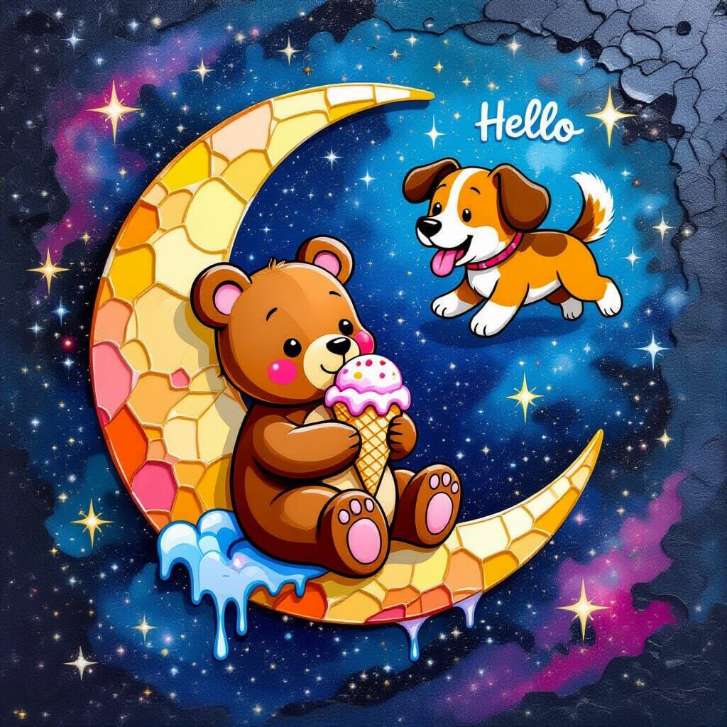 Cosmic Bear Eats Moon Ice Cream With Superdog