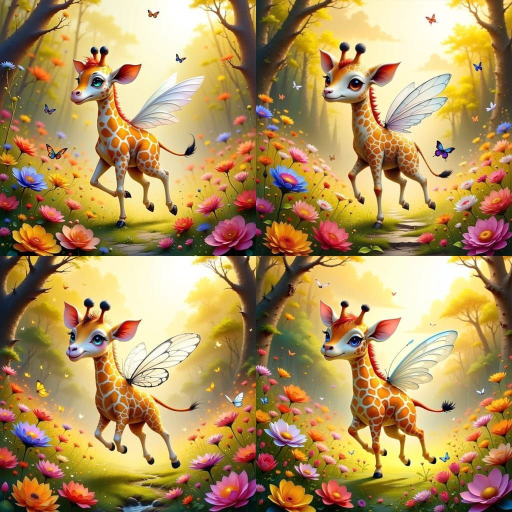 Surreal Giraffe Soars Through Whimsical Rose Garden in Vibra...