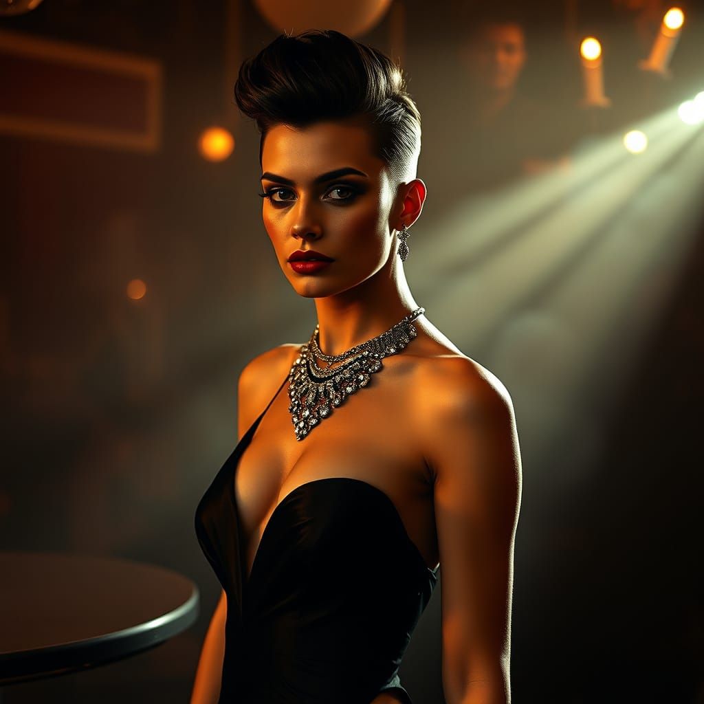 Confident Androgynous Figure in Art Deco-Inspired Gown