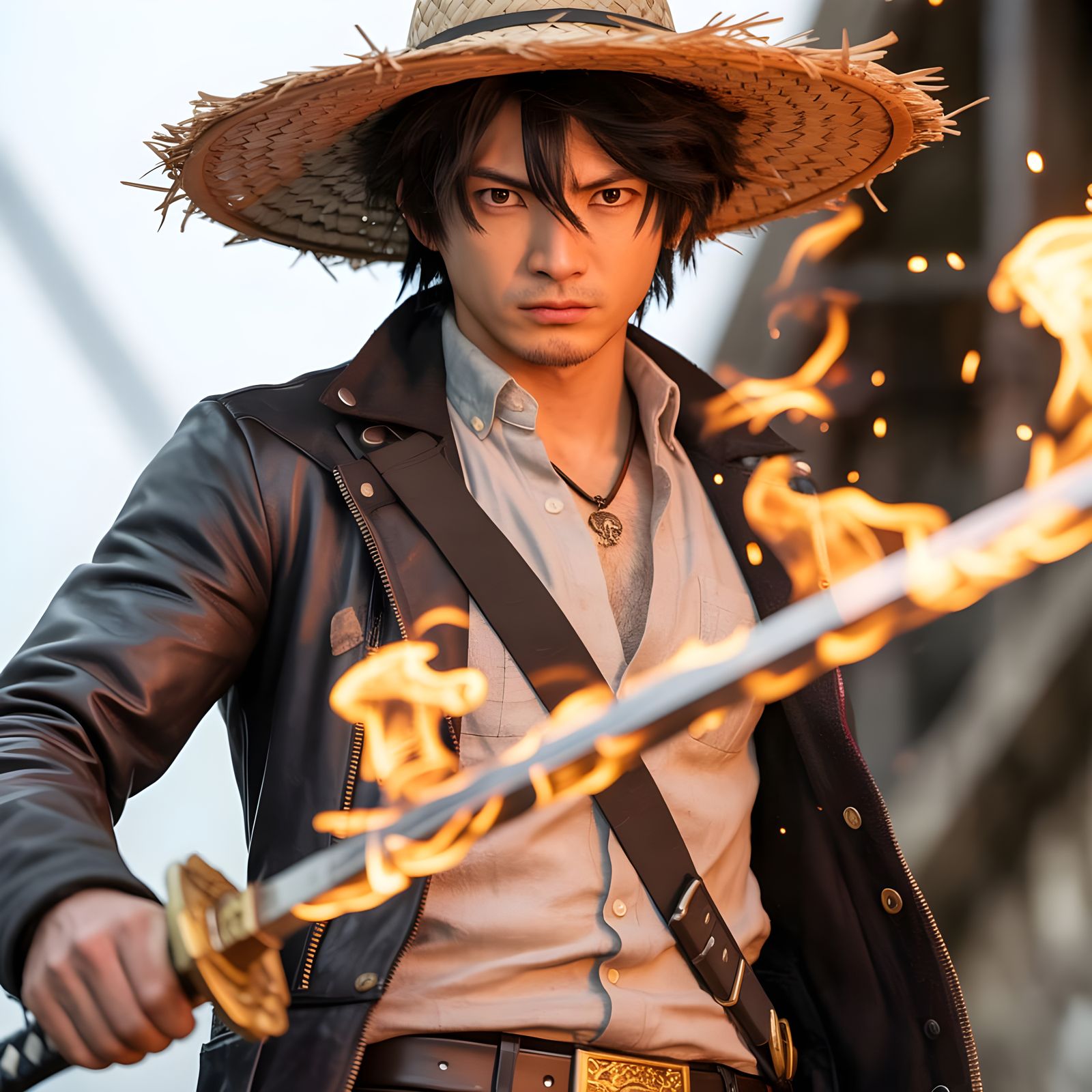 Anime Character Wields Flaming Sword with Intense Aura