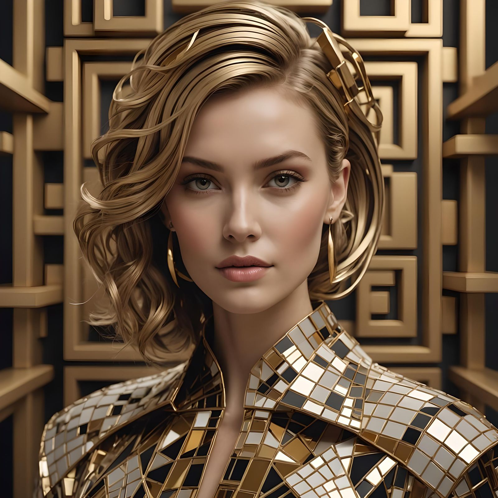 Abstract Portrait with Geometric and Gold Elements