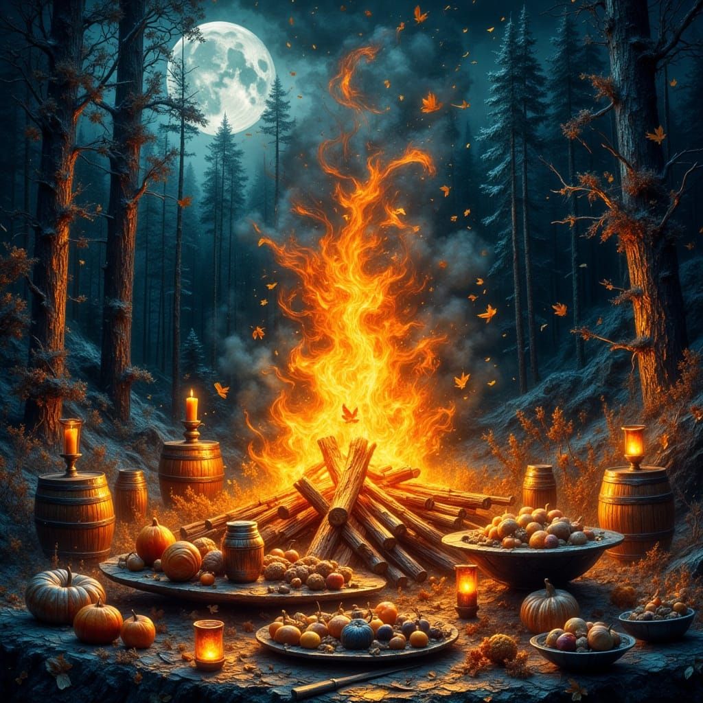 Mabon Feast by Bonfire in Moonlit Forest