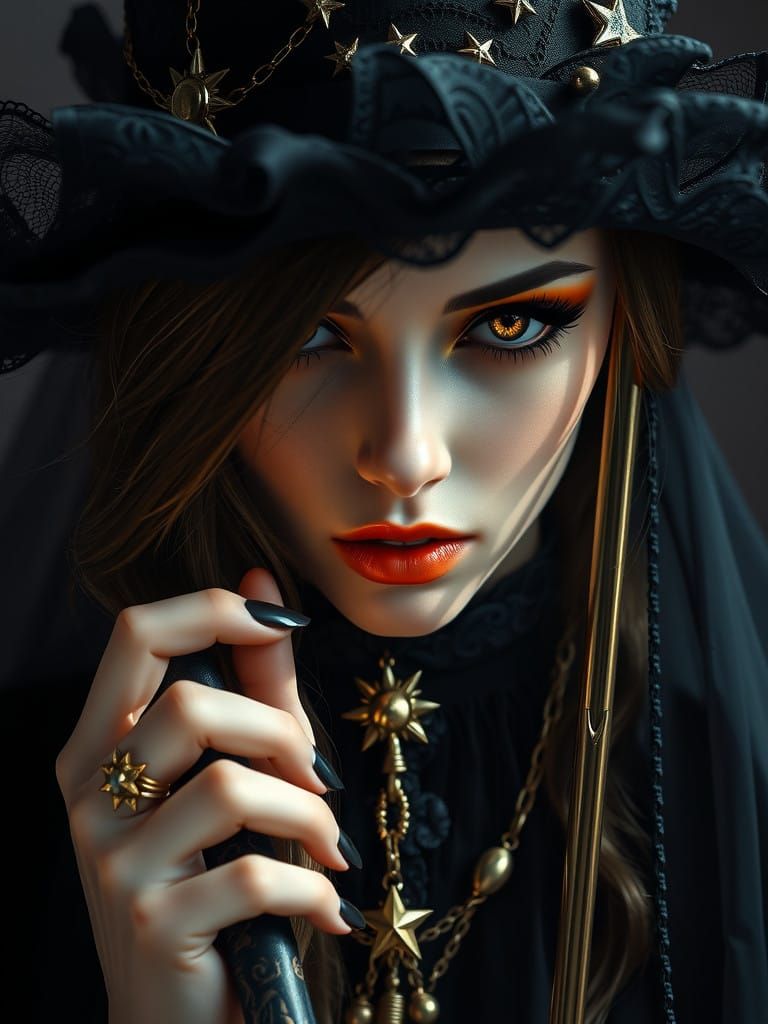 Mysterious Woman in Lacy Hat, Golden Eyes, and Starburst Pen...