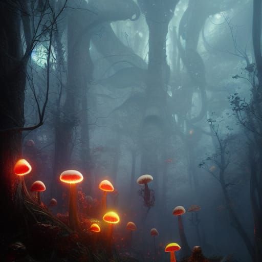 Mushroom Eyes in Dark Fantasy Forest Art