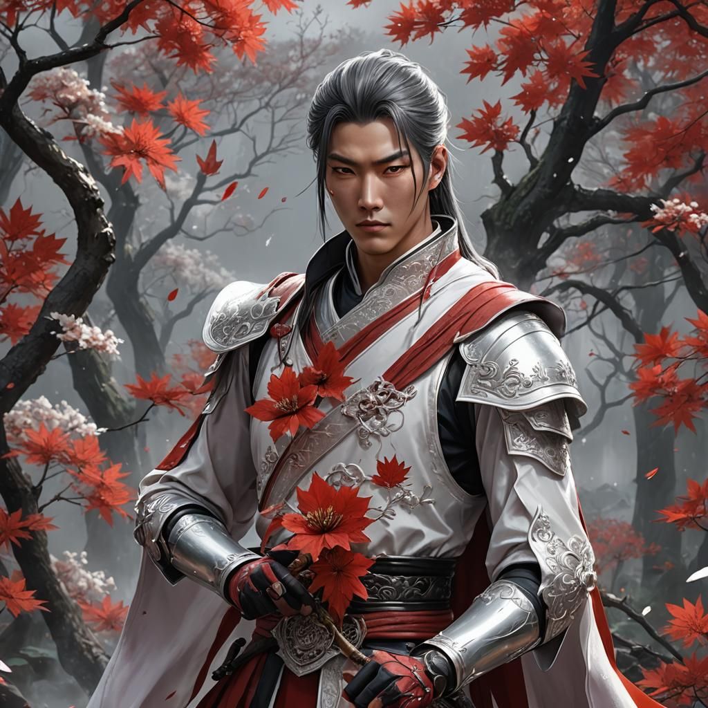 Huā Chéng: Crimson Rain in Hyperrealistic Splash Art