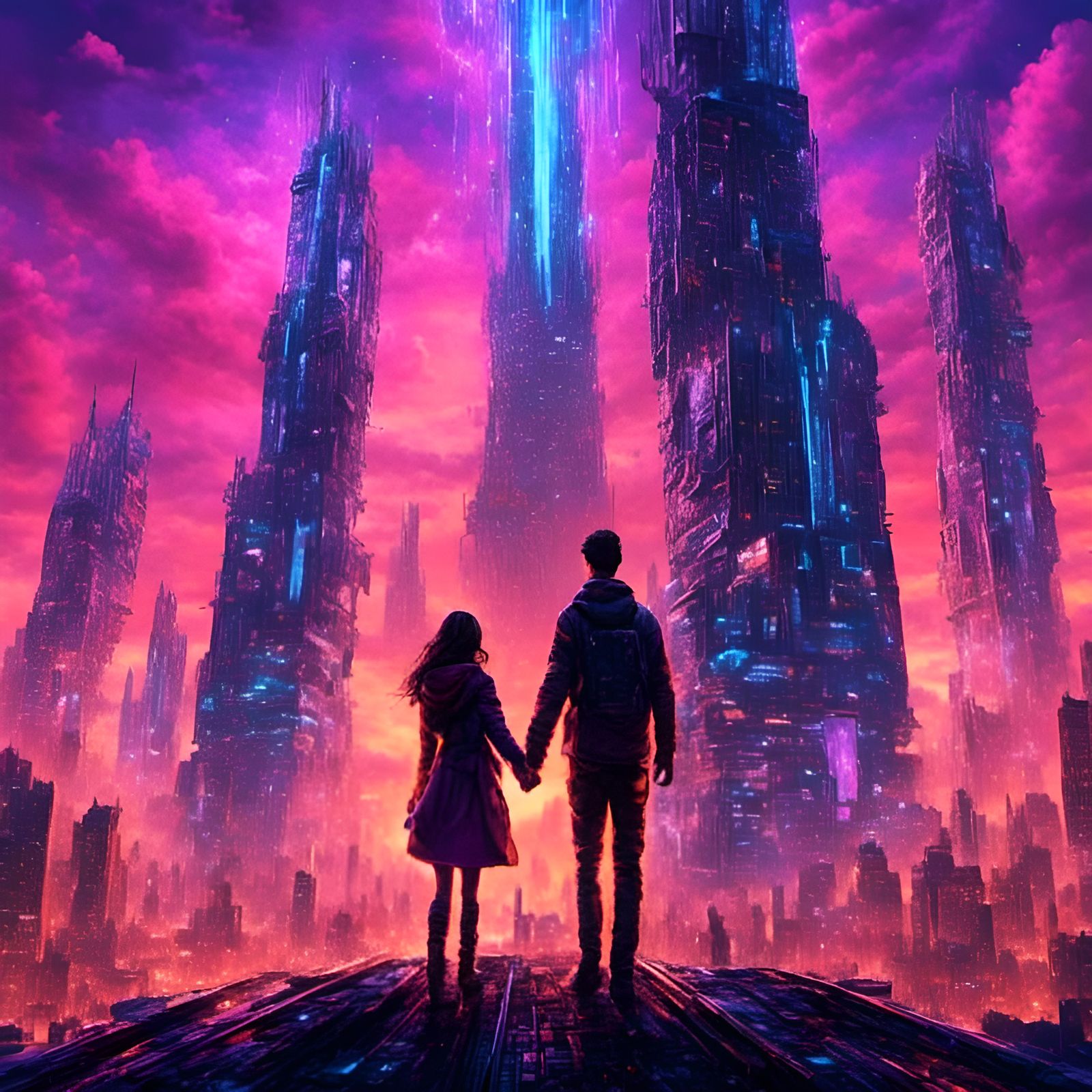 Cyberpunk Couple Reach Across Skyscrapers