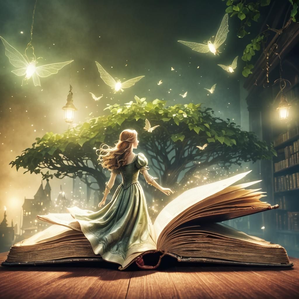 Worn Fairy Tale Book in Dim Library: 8K Photo