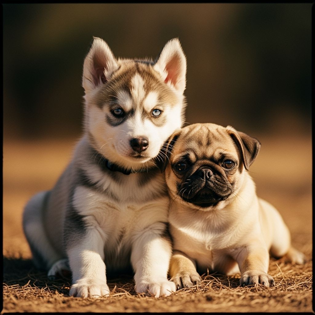 Husky and Pug Mix Puppies Cuddled Together