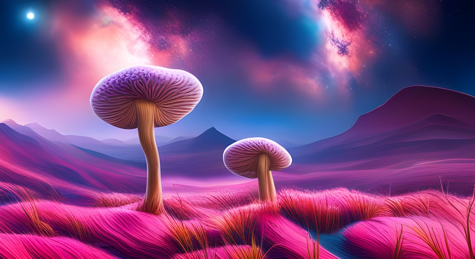 Surreal Mushroom Planet in Galaxy Space, Fantasy Art