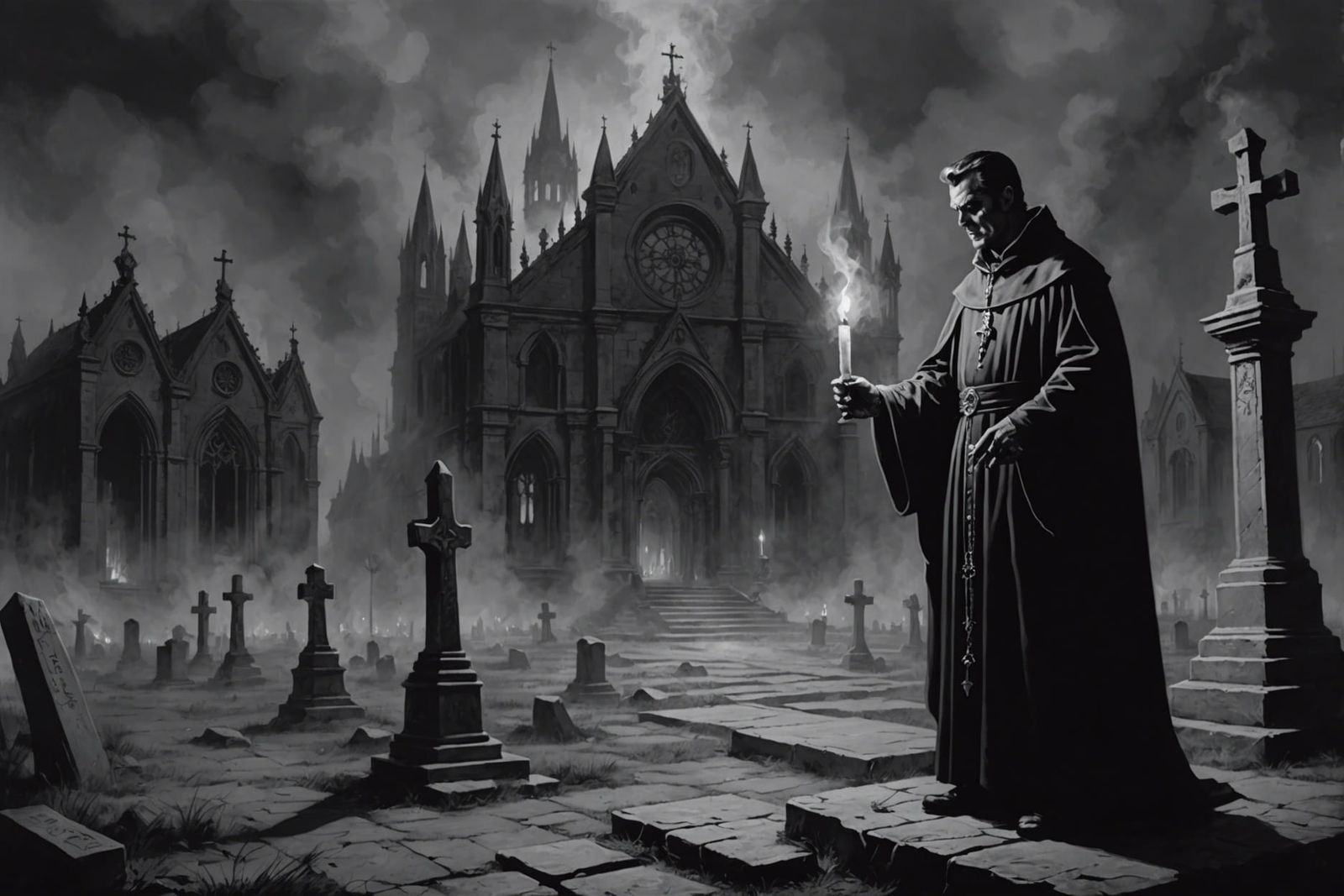 Eerie Priest with Candle in Smoky Cathedral, Frazetta Style