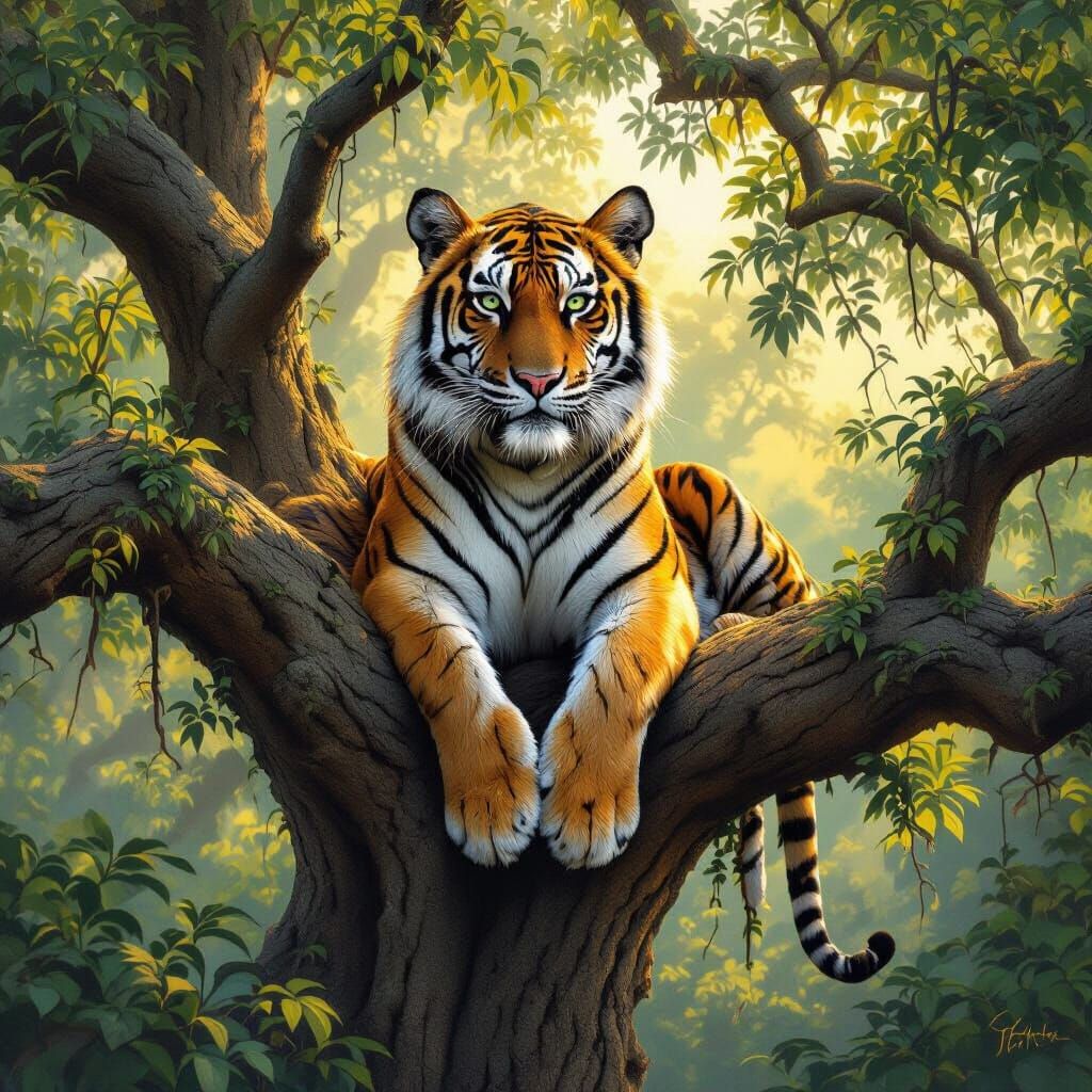 Ferocious Bengal Tiger on Banyan Tree, Soul-Piercing Gaze