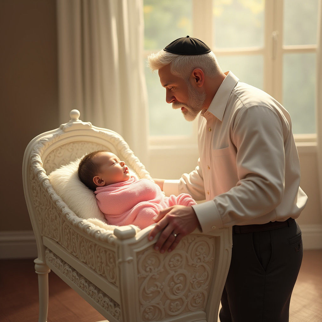 Newborn Daughter in Cradle with Loving Father