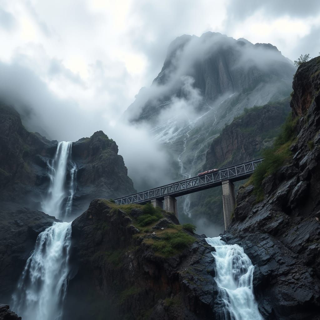 Dramatic Waterfall and Train Bridge Landscape